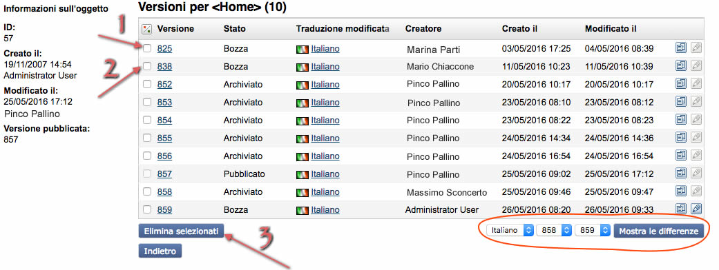 Gestione versioni di un contenuto